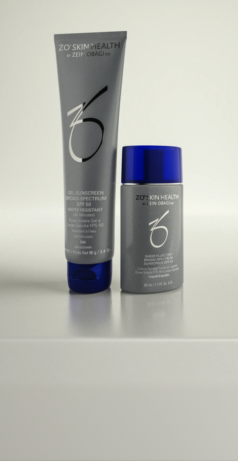 ZO Skin Health sunscreen products including Gel Sunscreen SPF 50, Sheer Fluid Tint SPF 45, and Daily Mineral Sunshade SPF 45 displayed side by side on a neutral background.