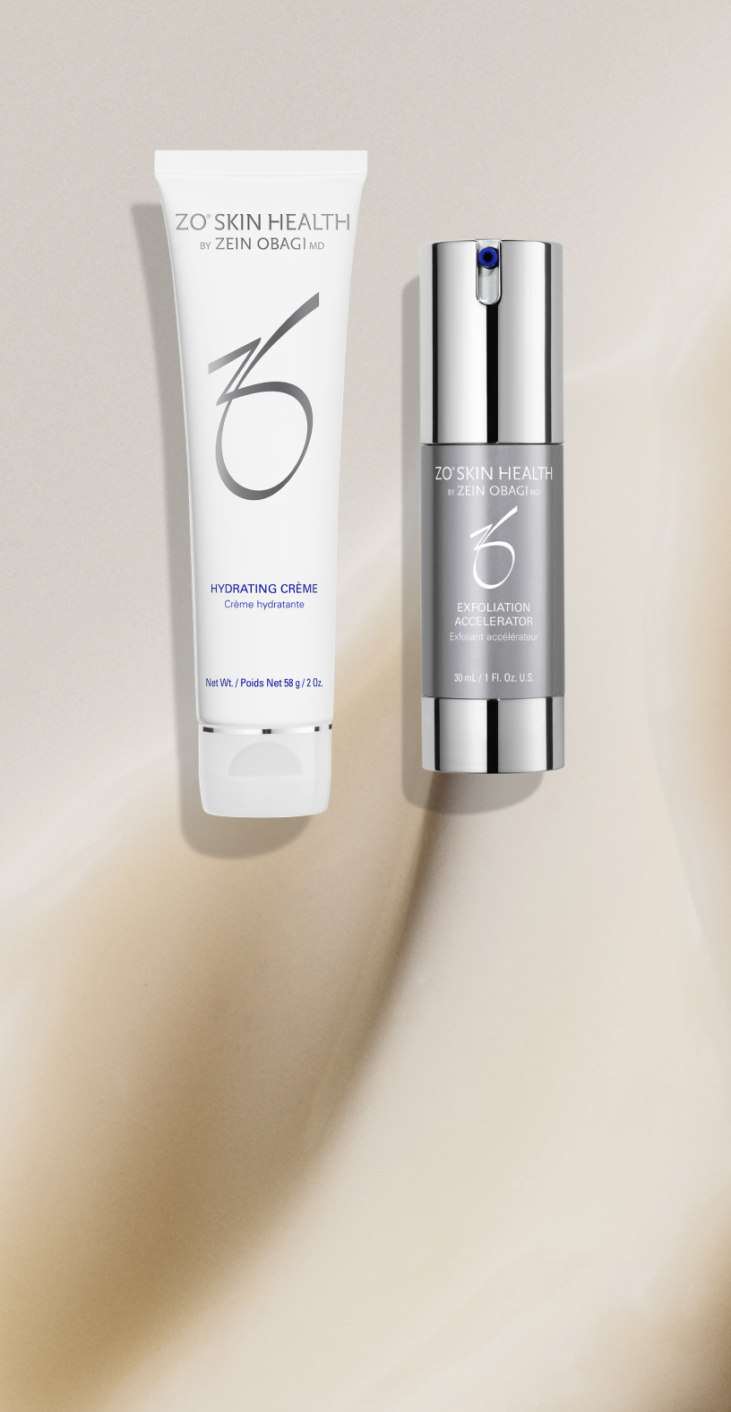 ZO Skin Health sunscreen products including Gel Sunscreen SPF 50, Sheer Fluid Tint SPF 45, and Daily Mineral Sunshade SPF 45 displayed side by side on a neutral background.